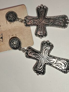 Vintage-Style Silver Filigree Cross Dangle Earrings